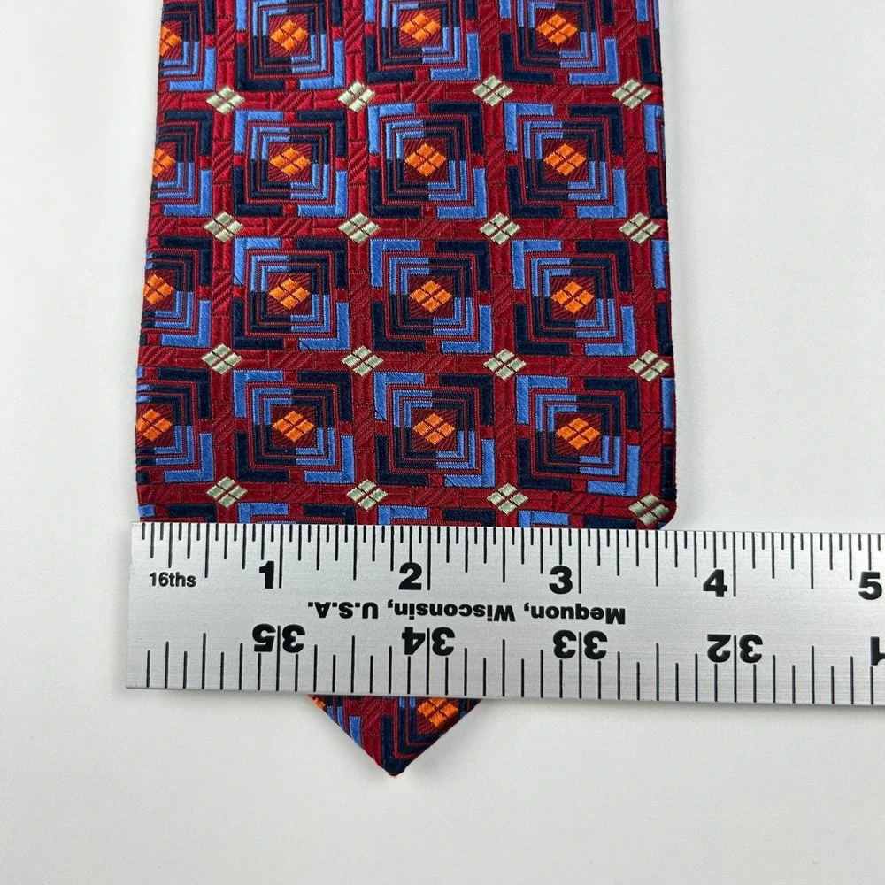 Vintage Mark Pendleton‎ Red Blue Orange Geometric 100% Silk Tie USA